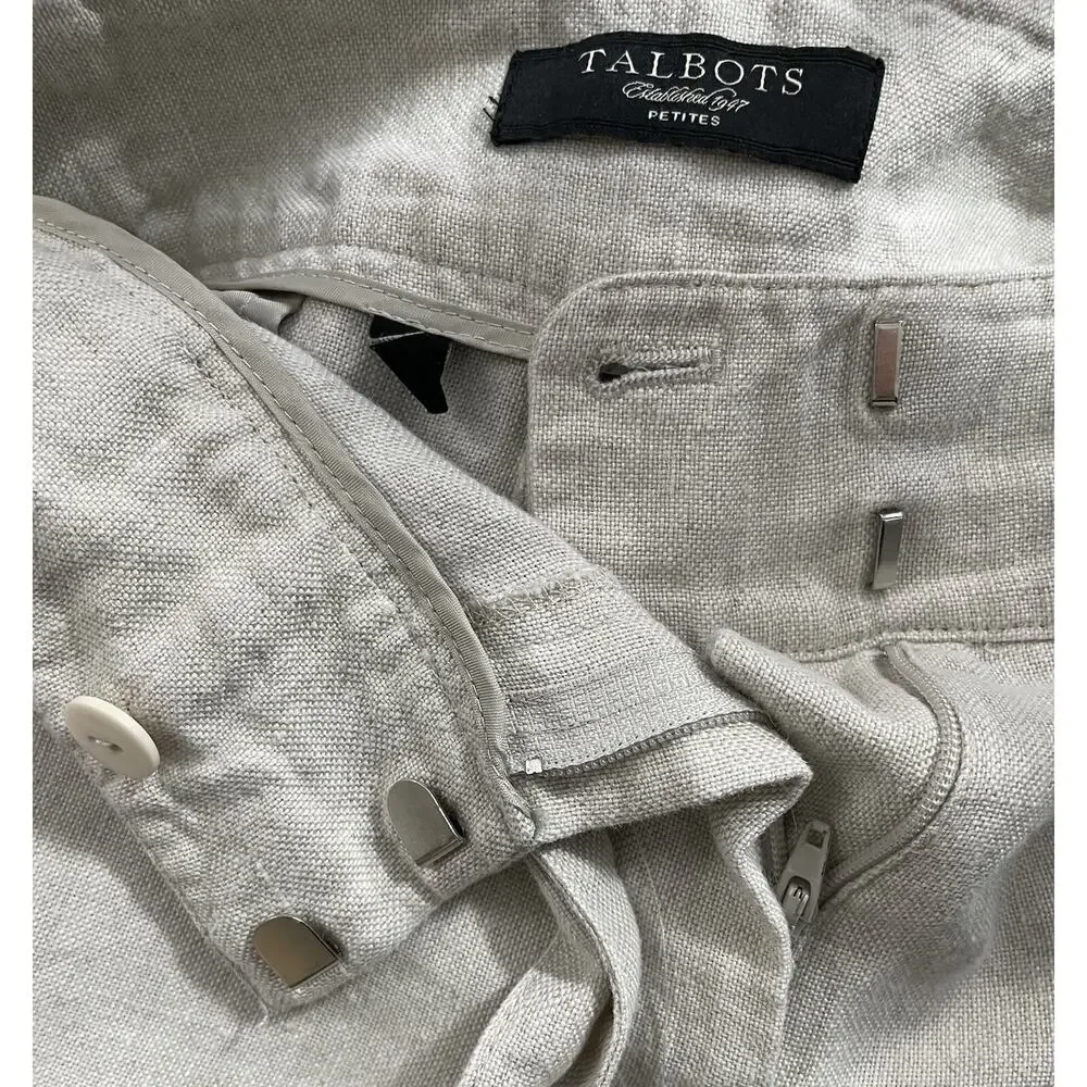 Talbots Petites 14P Pure Irish Linen Beige Cropped Wide Leg Capri Belted Pants
